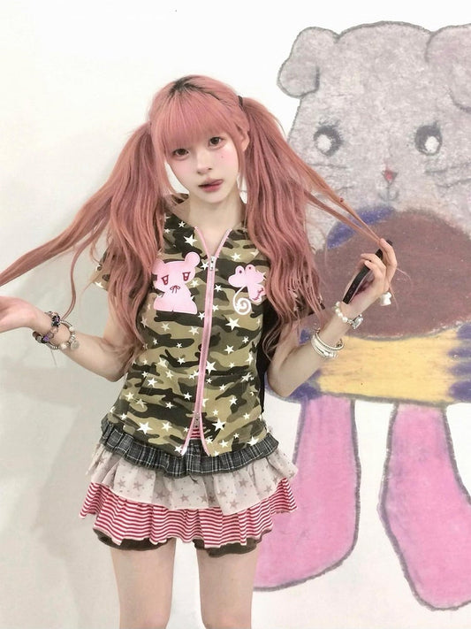 Bear Zip-Up Subculture with Ears Hood Camouflage T-shirt