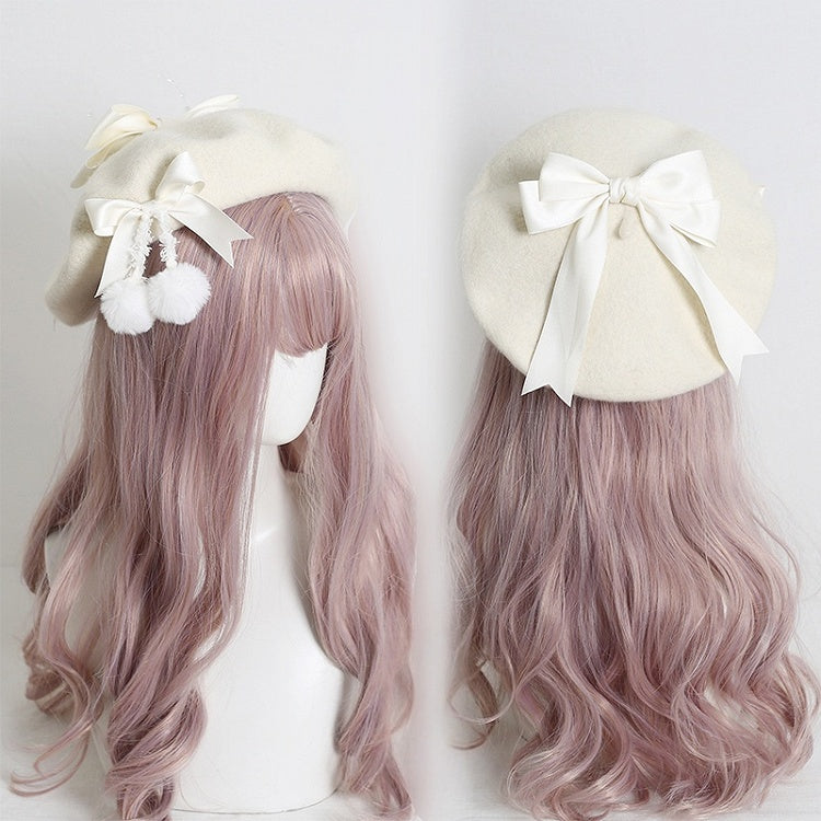 Colors 6 With Pom-Poms Cute Girly-Style White Cream Beret Bowknot