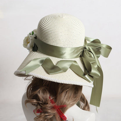 3 Color Options Country Lolita Pearl Floral Wide-Brim Straw Hat
