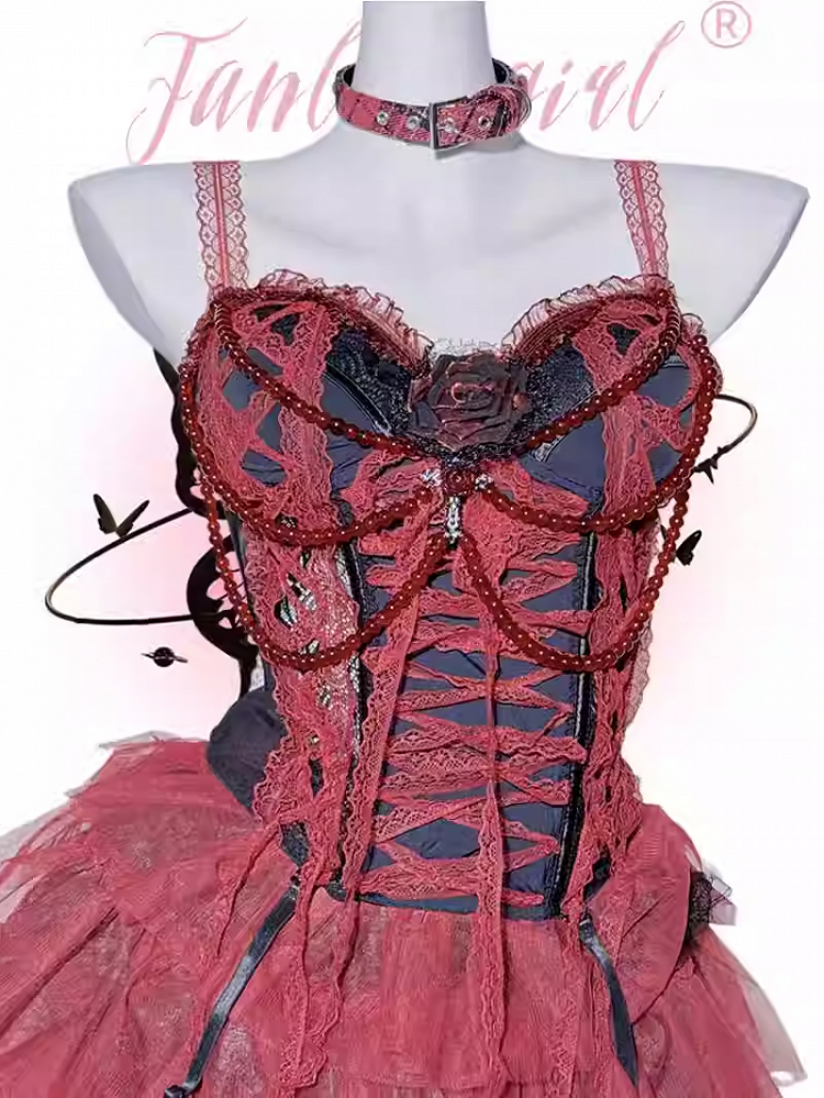Gothic Red&Black Lace Trim Rosette Beaded Chain Corset Cami Top