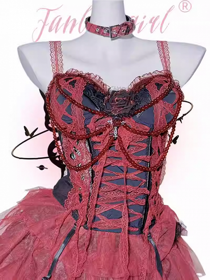 Gothic Red&Black Lace Trim Rosette Beaded Chain Corset Cami Top