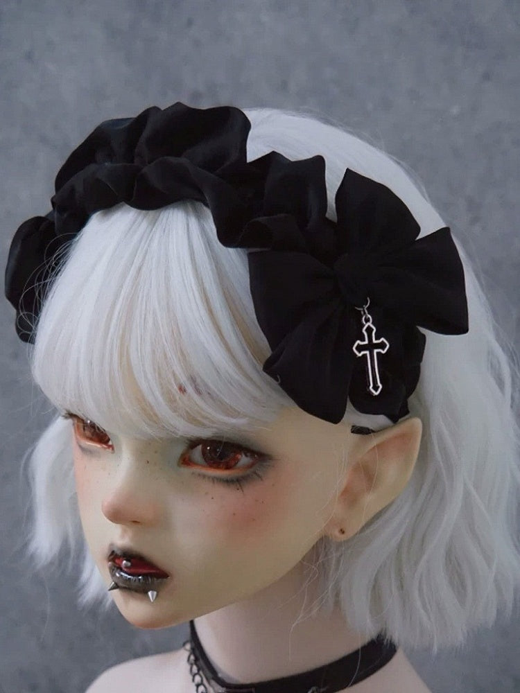 Black Ruffled KC Headpiece with Cross Pendant - Strange Sugar