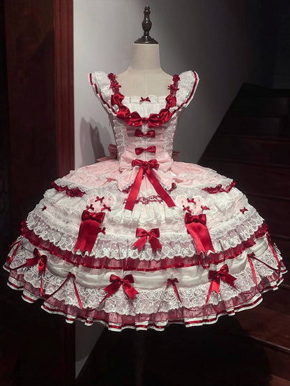 Pink & Red Hanayome Lolita Layered Hime JSK Dress with Bow Accents - Starry Messenger