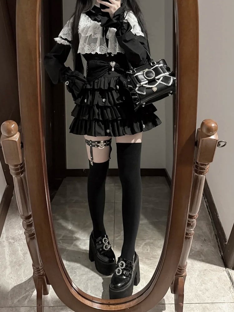 Jirai Kei Pink/Black Big Bow Handbag with Beaded Chain and Heart Rhinestone Charm