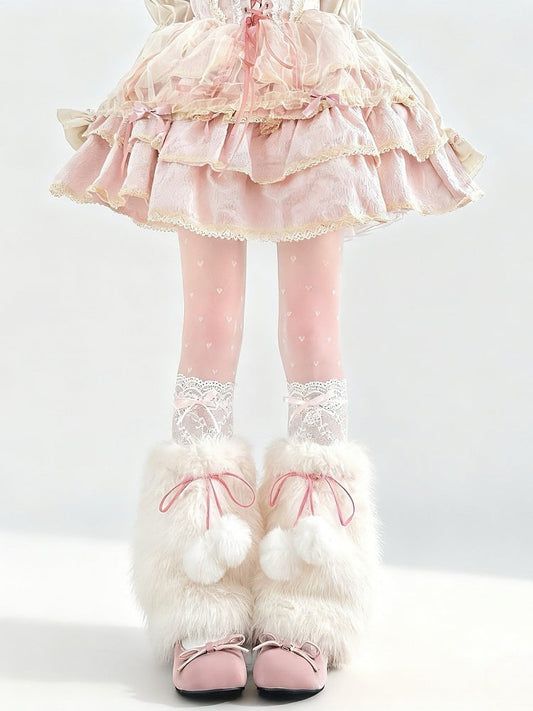 Faux Tie Ribbon + Calf Bow Leg Pompom Warmers Set Fur Socks