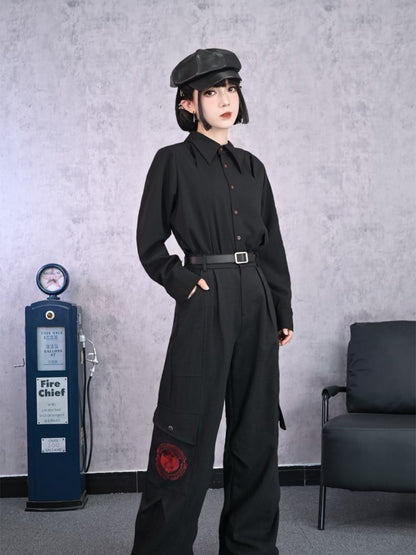 Shirt Long-Sleeve Gothic Contrast Placket Tie Pre-Tied Button Red with Black Cheongsam