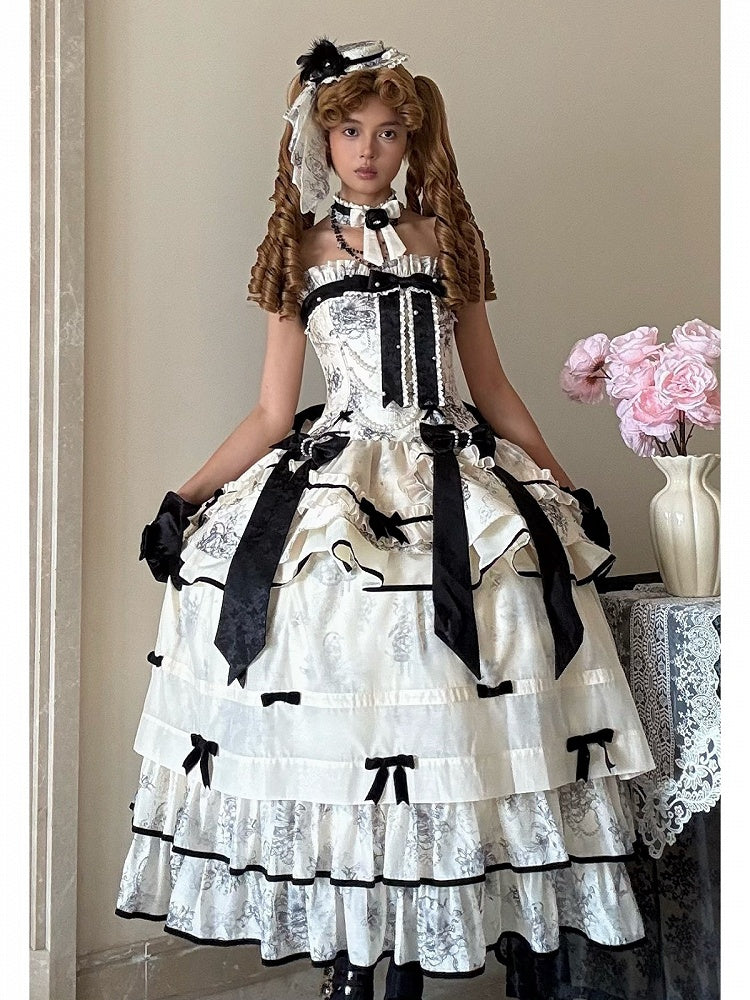 White Layers Long Underskirt with Black Bowknot Trim - Magic Skirt Cat