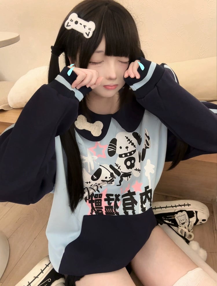 Pan Fleece Peter Blue Puppy with Sweatshirt Print Punk Black Collar and Alt-Kawaii Embroidered Bone