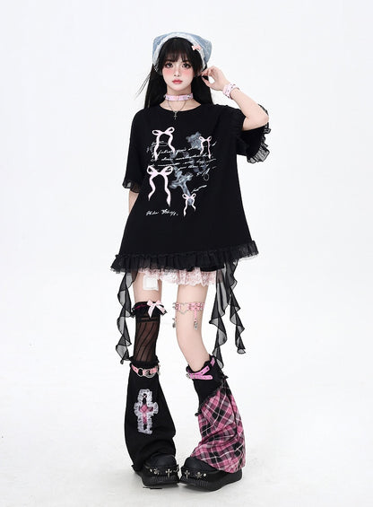 Tシャツ ホワイト/ブラック カスケードフリルアクセント 蝶結びプリント ルーズ