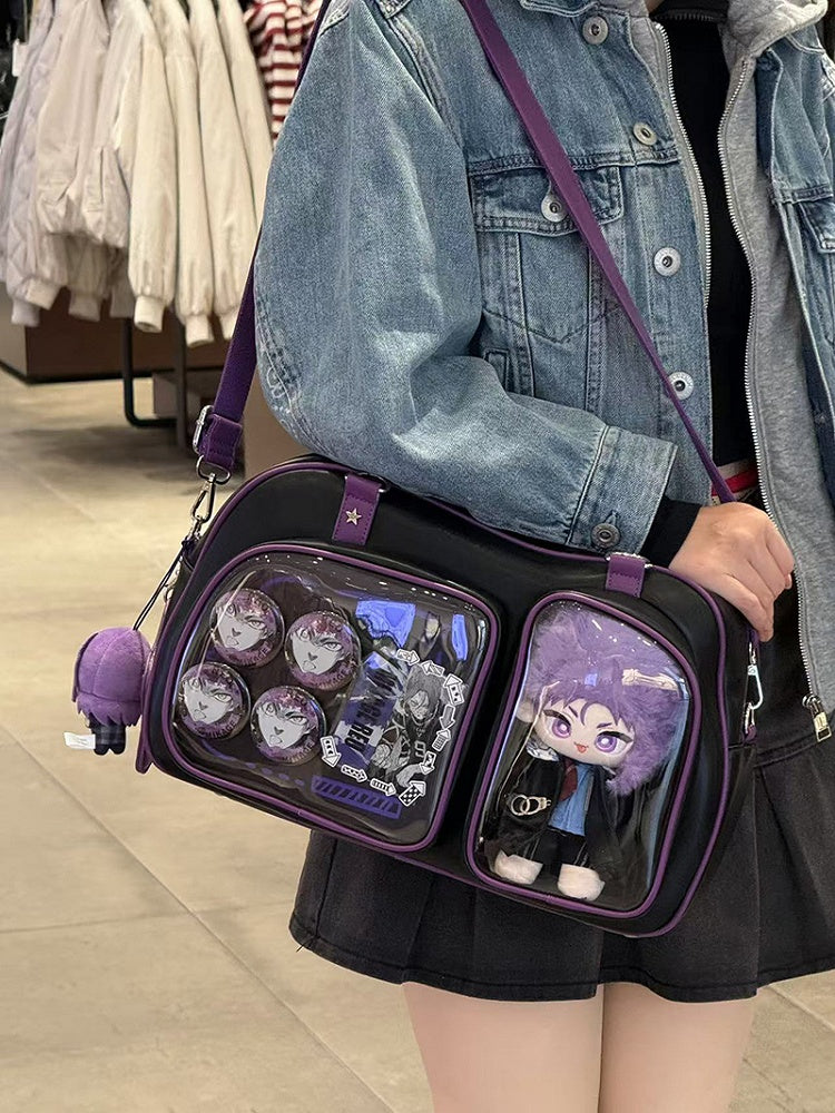 Brotförmige Ita-Umhängetasche in Schwarz und Lila mit Kontrastbesatz