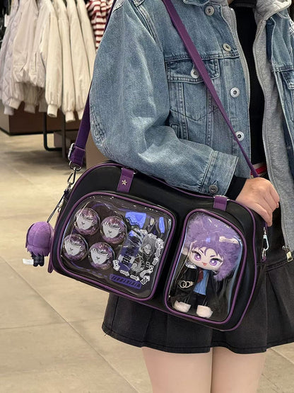 Brotförmige Ita-Umhängetasche in Schwarz und Lila mit Kontrastbesatz