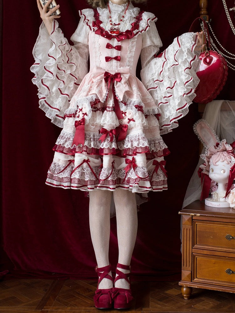 Pink & Red Hanayome Lolita Layered Hime JSK Dress with Bow Accents - Starry Messenger