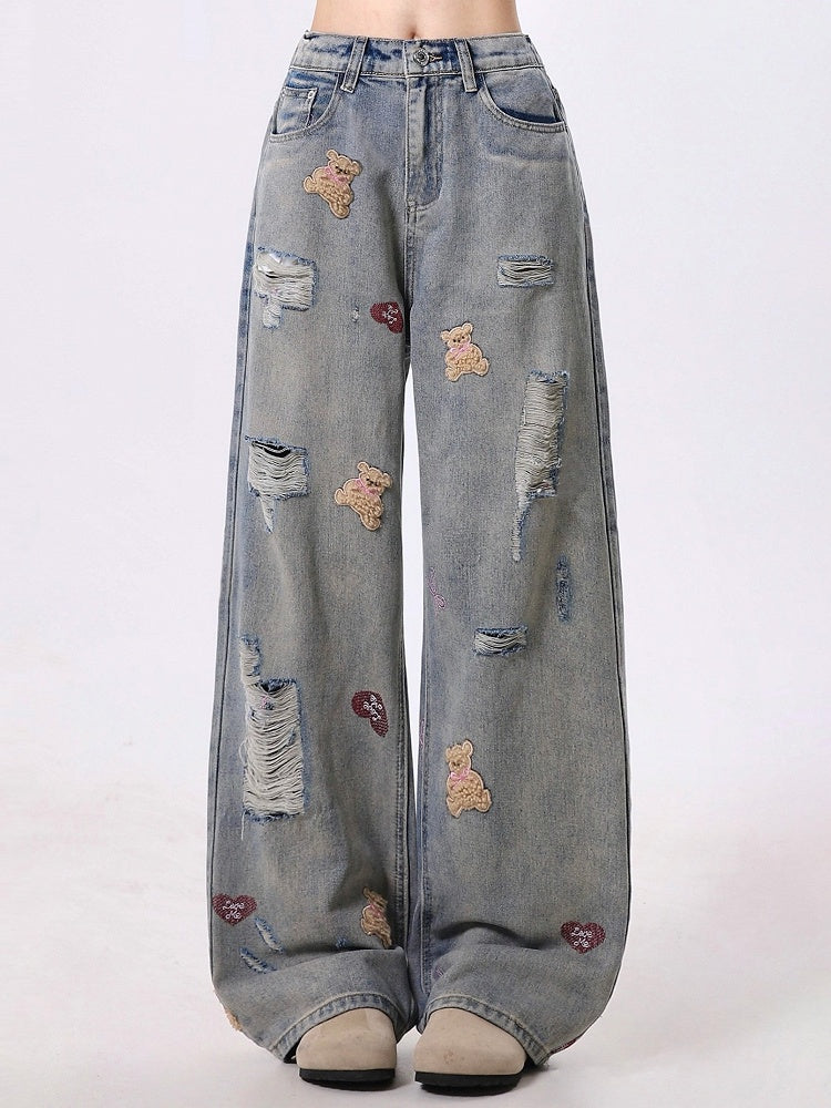 Blue Straight-Leg Jeans with Faded Wash, Distressed Holes, and Adorable Bear Embroidery