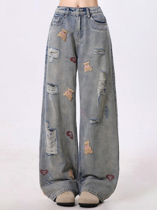 Blue Straight-Leg Jeans with Faded Wash, Distressed Holes, and Adorable Bear Embroidery