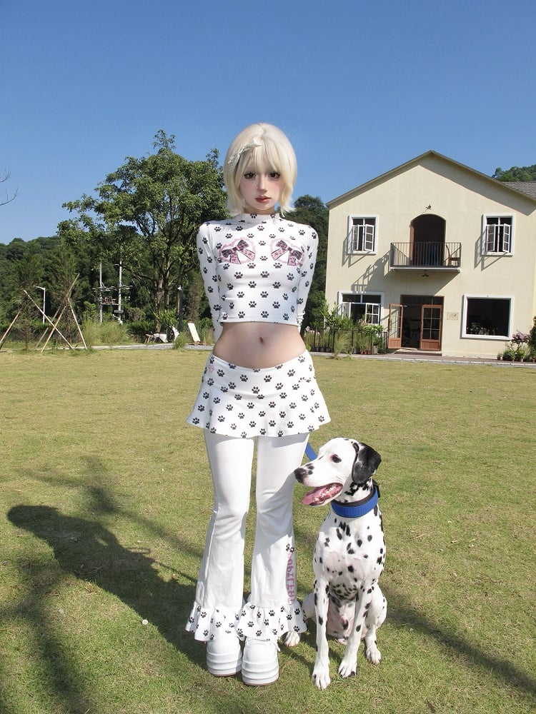 White Paw Bowknot Long Sleeve Cropped Top