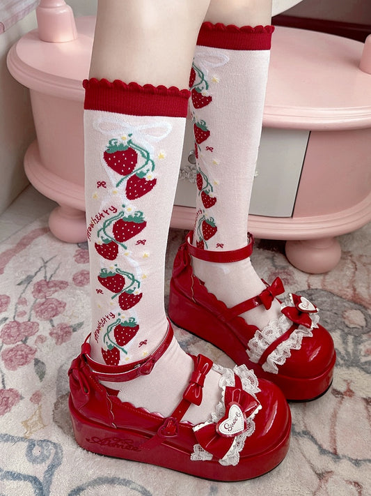 RedPink Calf Socks Pattern Strawberry Lolita Sweet