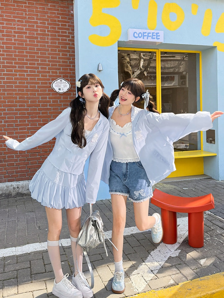 ショート/ロングジャケット ライトブルー ラムプリント サンプロテクション フード付きバージョン