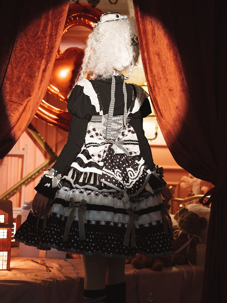 Bow Skirt Lolita Sweet and Black Tiered White Oreo Cake Accents Dress