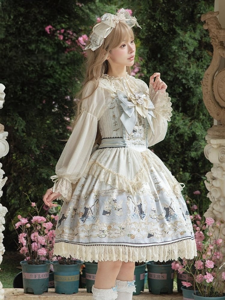 Azure Rabbit-Print Bow JSK with Lace Blouse - Stars Fall on the Foggy Island