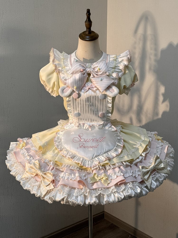 Ärmeln Gelb Lolita Kleid Süße Maid Thema Bunny Puff Rosa und