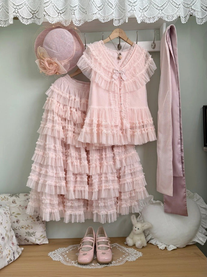 Mesh-Set Rosa Weste Baumwolle Lolita Gürtel Elegante gepunktete Taille - Mehrlagiger Tüllrock Klassisch +