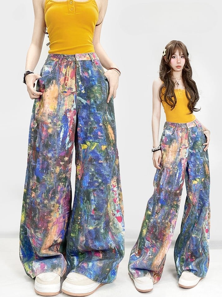 Schnitt Bunt Glamourös Y2K Jeans Weites Bein