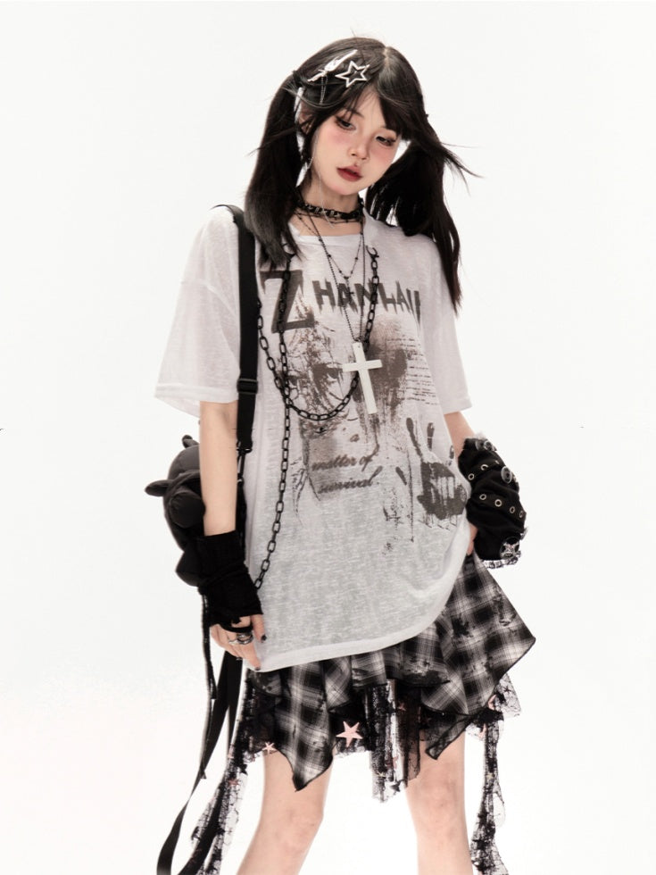 Y2K 黒と白のチェック柄ハンカチ裾カスケードフリルメッシュ