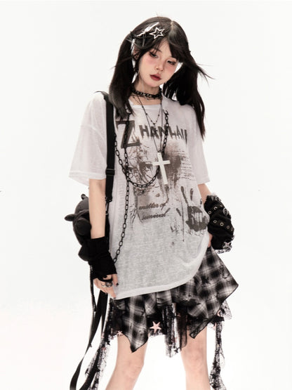 Y2K 黒と白のチェック柄ハンカチ裾カスケードフリルメッシュ