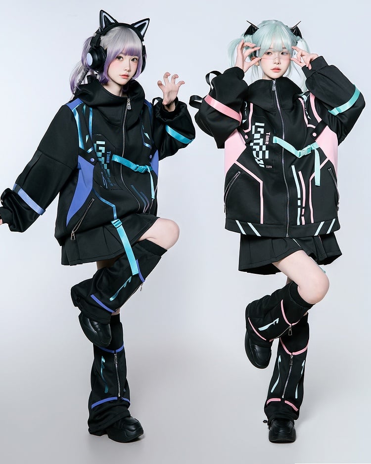 Matching Anime Hooded Purple Cyberpunk Blue Gradient Set: Jacket