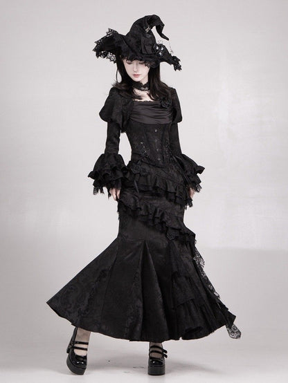 Schwarzer eleganter Gothic Lolita Meerjungfrauenrock mit Volantbesatz