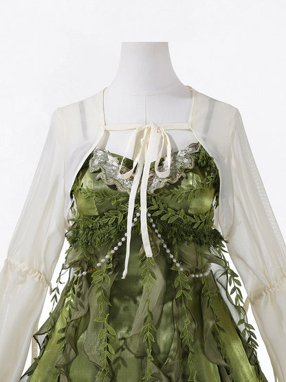 Mori Green Sleeveless Bead Chain Short Dress with Irregular Hem - Han Ru Chu Hanfu &amp; Han-Element Studi