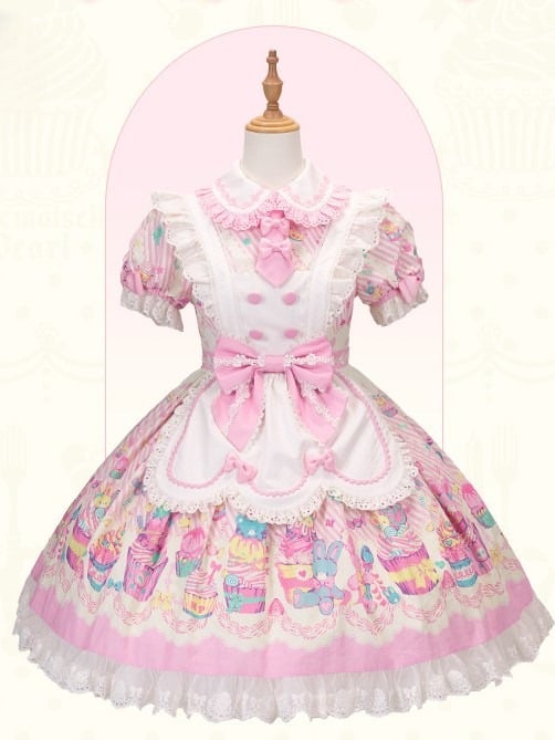 and White Collar Pan Pink Lolita Peter Bunny Cupcake Dress Print Maid