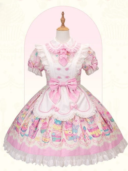 and White Collar Pan Pink Lolita Peter Bunny Cupcake Dress Print Maid