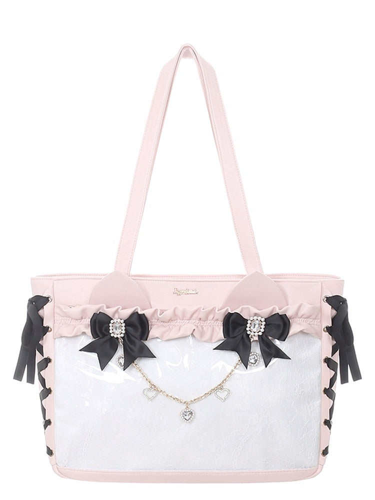 Black & Pink Jirai-Kei Itabag with Rhinestone Bow Decorations - Puppet Bombs