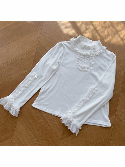 White Lace Long-Sleeved Lolita Blouse Featuring Bow Accents - wawao good night bear