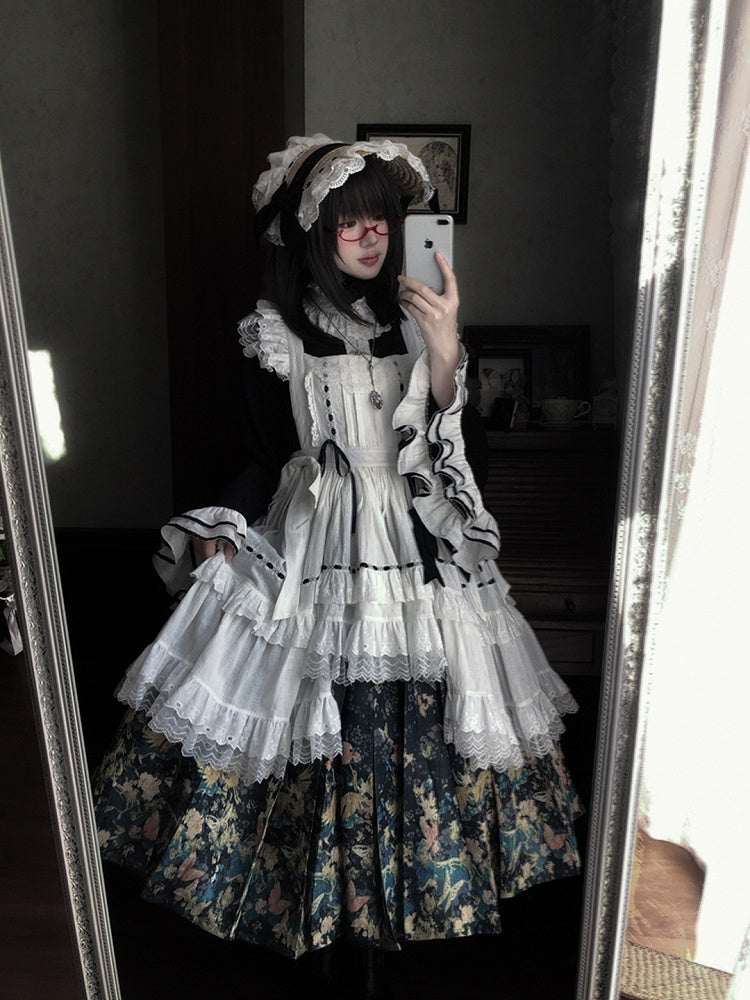 White Bell Bonnet Black Han Floral Apron Horse-face Sleeves Print Top Lolita + Skirt Set
