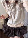 Beige Puff Sleeves Self-tie Strap Neckline Top