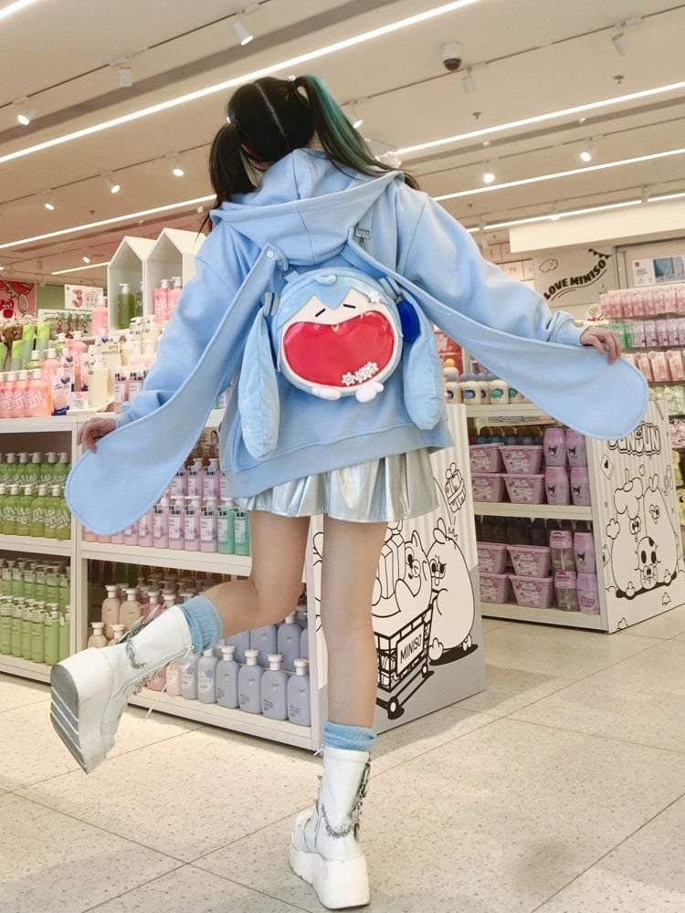 Full Set: Ears Snow + Tie Oversized Blue Hoodie + Socks + Skirt + Bunny Shirt