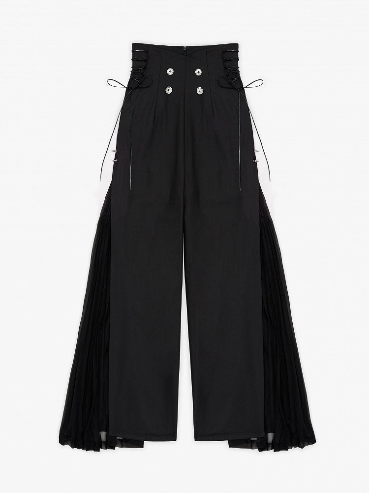 Ouji Style 110cm High Waist Wide-Leg Black Pants with Pleated Chiffon Panel - DevilInspired Exclusive Collection