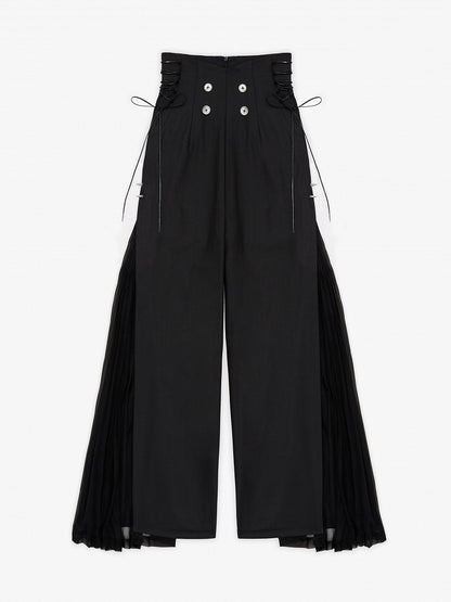 Ouji Style 110cm High Waist Wide-Leg Black Pants with Pleated Chiffon Panel - DevilInspired Exclusive Collection