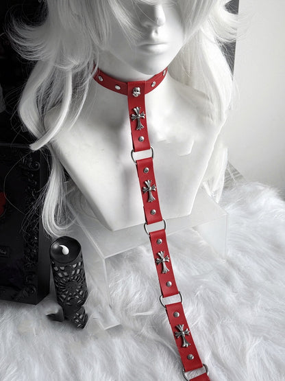 Chain Choker Punk Black/Red PU Cross Embellished Stud and