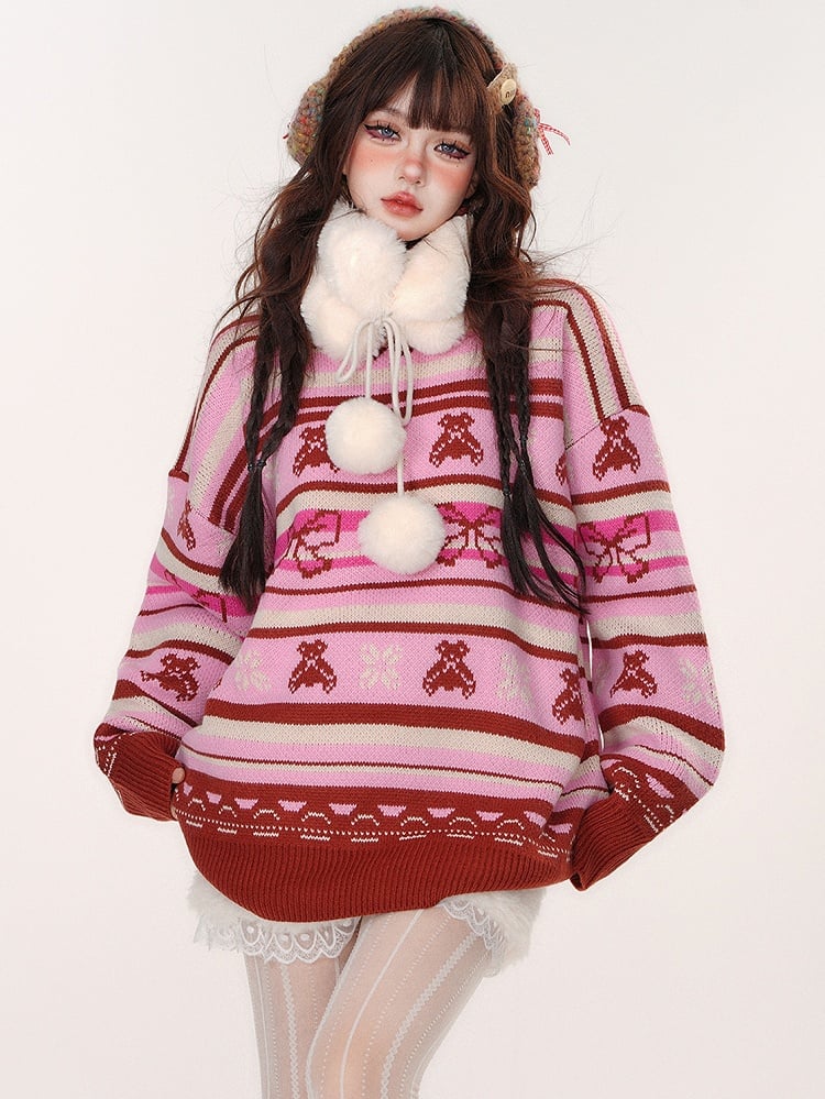 リボンとテディベアのピンクのストライプ柄ルーズセーター