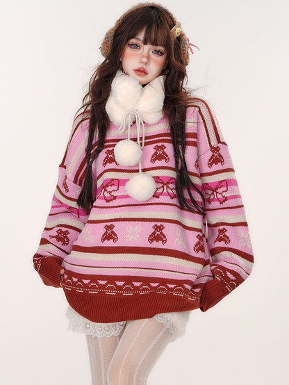 リボンとテディベアのピンクのストライプ柄ルーズセーター