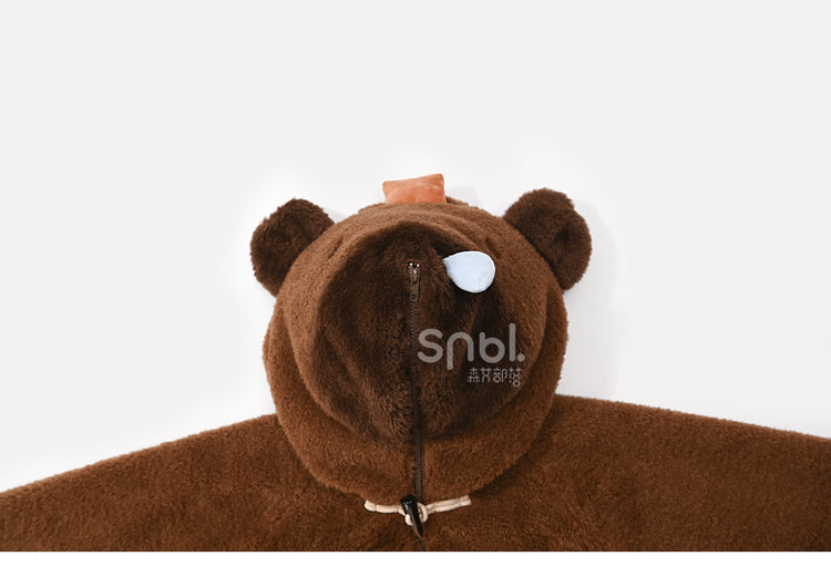 茶色のかわいいカピバラのフード付きジップ開閉フリースフード付きケープ