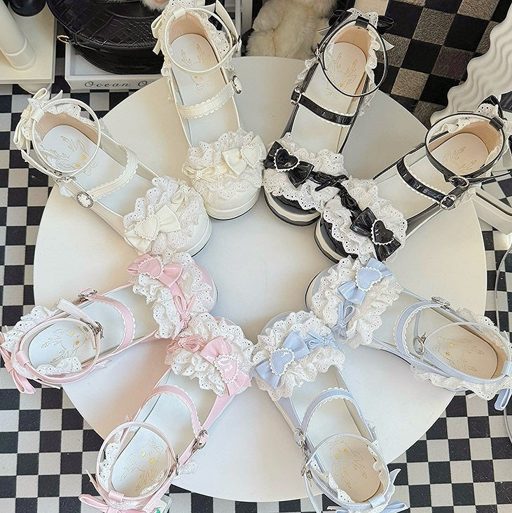Trim Shoes - Light Strap Lolita Bow Scalloped Sweet Round-Toe Accents Blue Platform