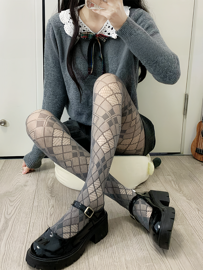 Black Y2K Diamond Pattern Hollow-out Tights
