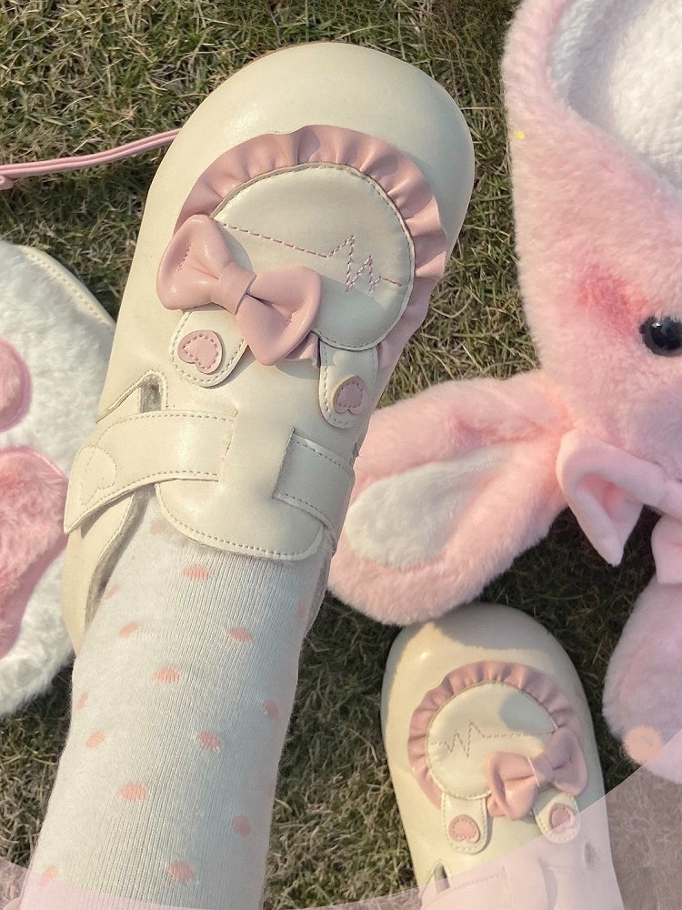 Trim Fleece Beige Flats Heart Ear Lined Lolita with Ruffle Sweet Applique Bunny Winter