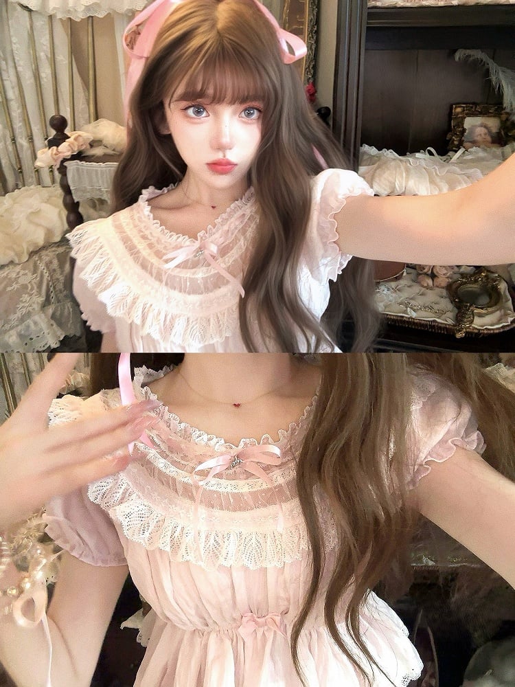 Spitzenbesatz am Saum mit Schößchenoberteil und rosa Puffärmeln