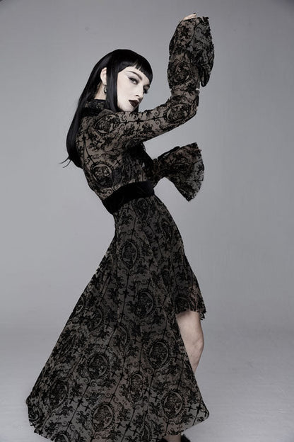 Black Floral Flocked Print Long Sleeves Velvet Tie Women's Gothic Dress