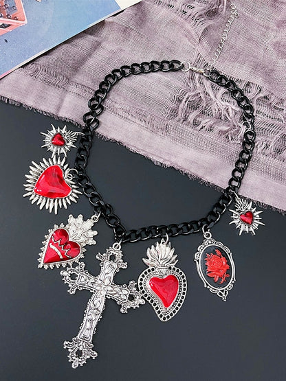 Herz Halskette Rot/Schwarz Y2K Kreuz Anhänger Floral Und